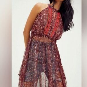Free People Burgundy & Gold Mesh Boho Top, Size Small